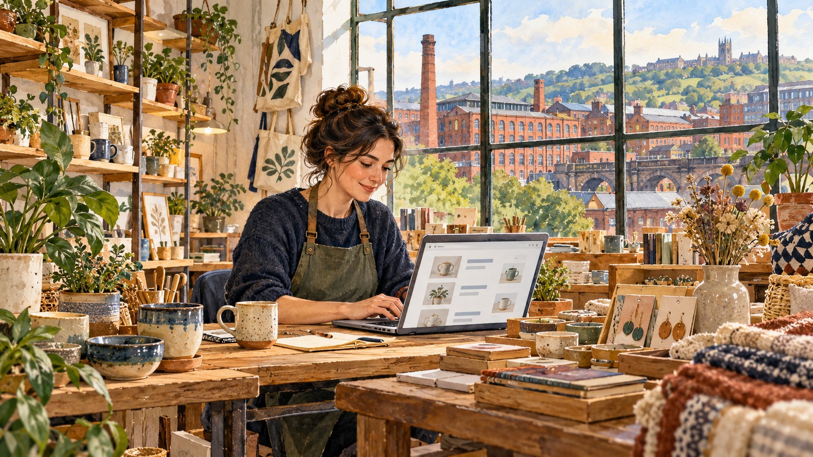Artist's impression of a Sheffield business owner preparing a directory listing