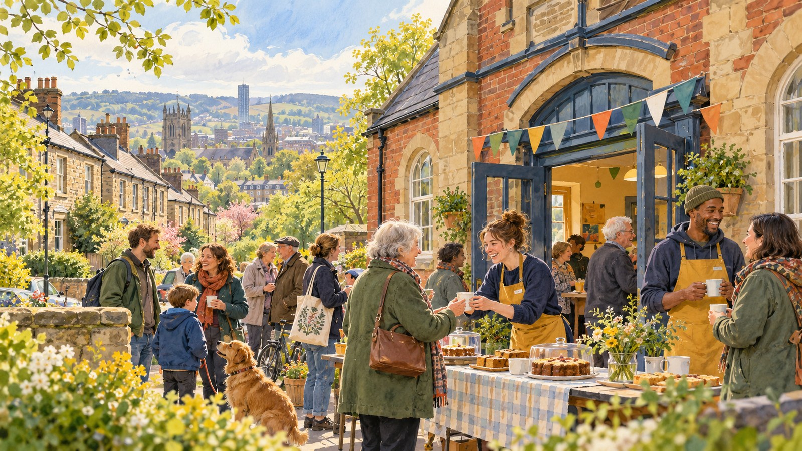 Artist's impression of neighbours gathering at a community hall
