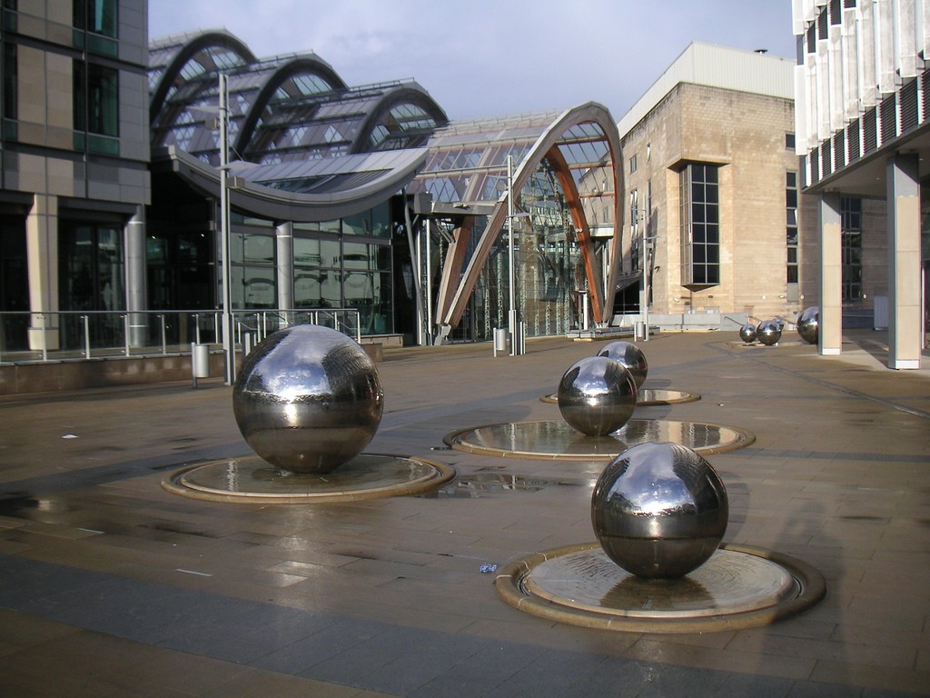 The glass structure of Sheffield Winter Garden seen from outside
